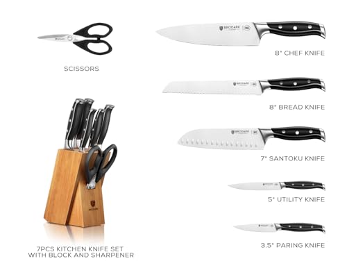Image of BRODARK 7Pcs Ultra Sharp Kitchen Knife Set, Acacia Wood Block with Scissors