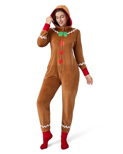 Geehora Womens Ultra Plush Gingerbread Onesie - Hooded Christmas Pajamas with Pockets Warm Fleece Holiday Costume & Lounge Outfit (Medium)