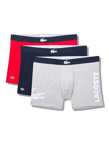 Lacoste Men's Cotton Stretch Big Croc Print Boxer Briefs, 3-Pack, Navy Blue/Grey/Red, 2X-Large