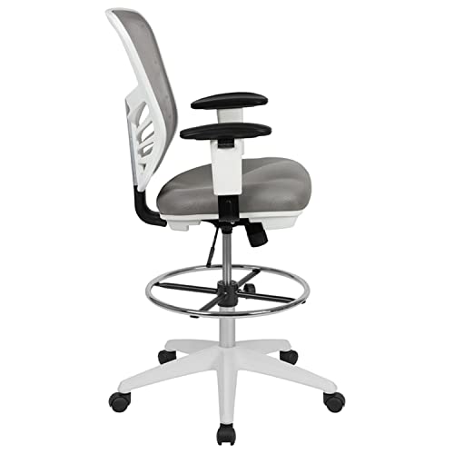Flash Furniture Tyler Mid-Back Light Gray Mesh Ergonomic Drafting Chair With Adjustable Chrome Foot Ring, Adjustable Arms And White Frame #TOP3