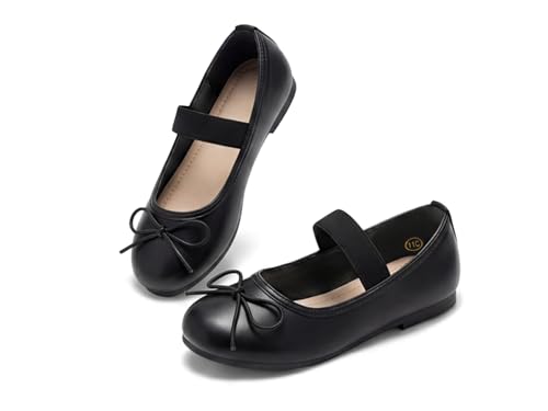 Haloumoning Girls Dress Shoes Bow Ballet Flats Elastic Strap Slip on Mary Jane Shoes Wedding Party Flats Black 2 Big Kid