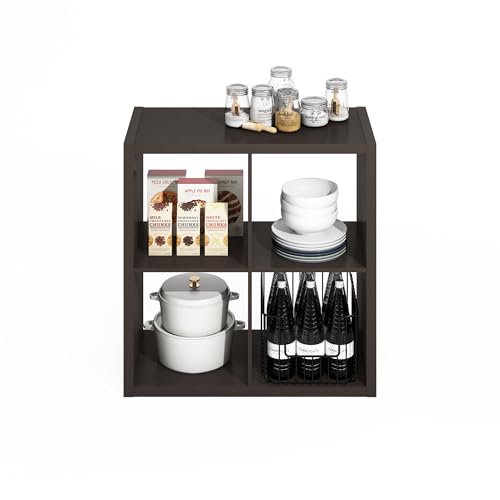 Image of Furinno HERMITE 4-Cube Kitchen Island, Extra Thick Coffee Bar, Dark Oak | Kitchen Storage, Bakers Rack, for Pantry Organizers and Storage, Kitchen Organization