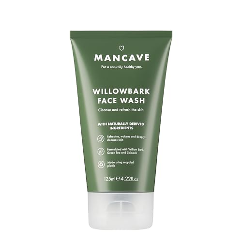 ManCave Limpiador Facial Hombre de Corteza de Sauce, 125 ml – Jabón Facial Espumante con Extracto de Sauce, Té Verde, Espinacas – Limpieza Facial Desintoxicante, Fórmula Natural, Sin Sulfatos, Vegana