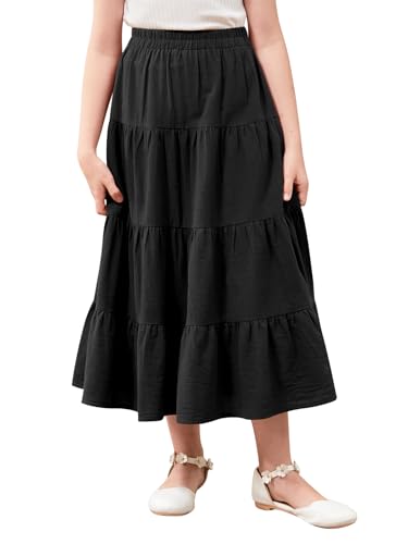 GORLYA Girls Casual Vintage Solid Elastic High Waist Tiered Hem Long Swing Linen Maxi Skirt for 4-14T(GOR1203,10Y,Black)