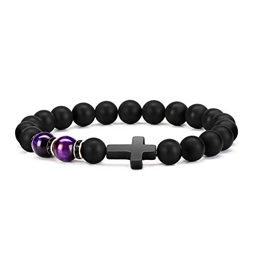 Byson Fashion Religion Cross Men Women 8mm Natural Stone Tiger Eye & Black Matte Agate Beads Bracelet Elastic Bracelet Bangle