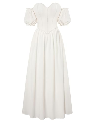SCARLET DARKNESS Damen Vintage Corsagenkleid Off Shoulder Herzausschintt Puffärmel Maxi Kleider Weiß 38