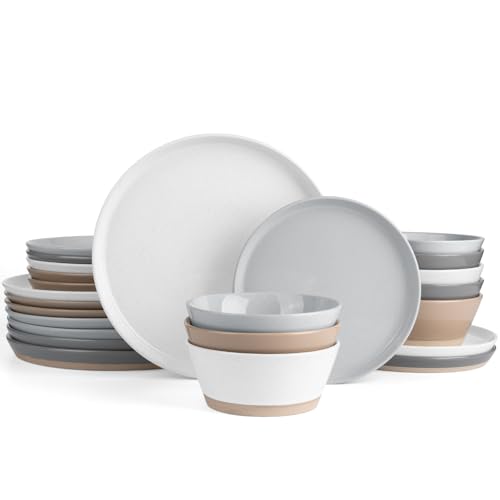 Image of Famiware Saturn Dinnerware Sets for 8, 24 Pieces Stoneware Plates and Bowls Dish Set - Chip and Scratch Resistant, Microwave and Dishwasher Safe Tableware, Multi-color