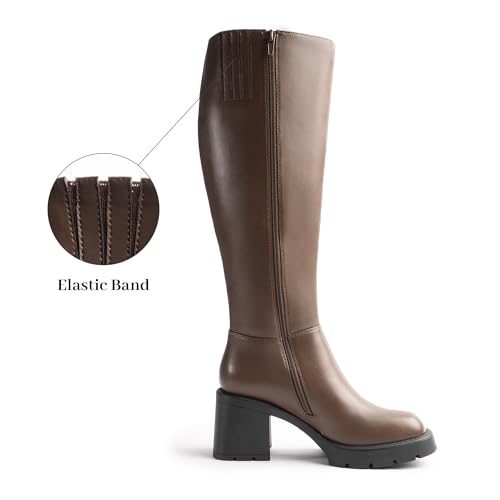 Women Platform Brown Knee High Boots with Chunky Heel, Square Toe Fashion Tall Boots with Lug Sole and Side Zipper Size 112