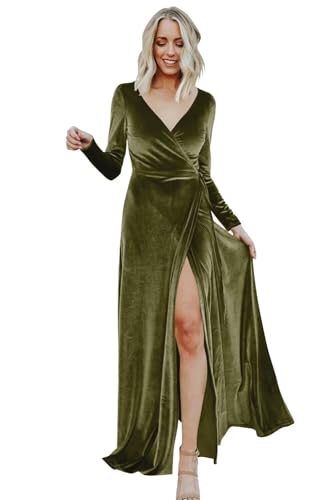 Basgute Long Sleeve Velvet Bridesmaid Dresses for Wedding Wrap Maxi V Neck Slit Formal Evening Party Gown for Women