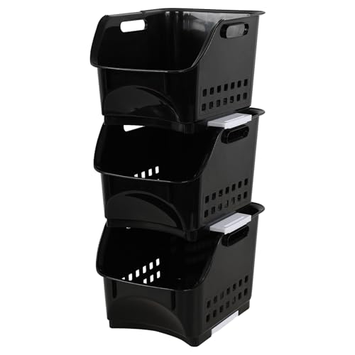 Ikando Lot de 3 paniers de rangement empilables ouverts sur le devant de la cuisine, en plastique,...
