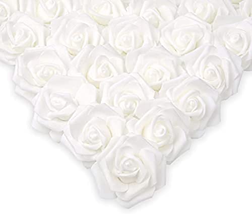 Ruiuzioong 50pcs Fleurs Artificielles Roses Saint Valentin têtes de Roses artificielles pour décoration Intérieure Anniversaire Mariage Party Décoration (50 pièces, Blanc) Cover
