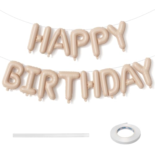 Image of Happy Birthday Balloon Banner Beige, 16 Inch Neutral Tan Self Inflating Happy Birthday Foil Balloon, Nude Born Day Bunting Banner Letter Balloons for Men Women Bday Party Decorations Supplies