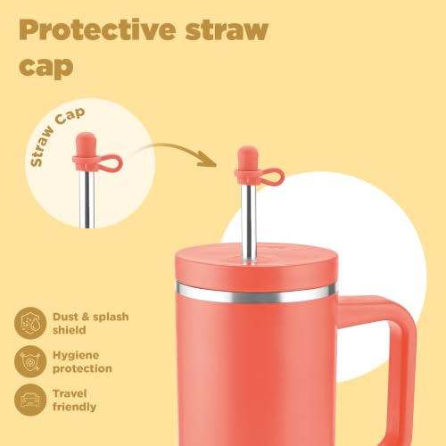 Image of Milton My Tumbler 1200 Thermosteel Double Wall Vacuum Insulated Stainless Steel Tumbler with Handle 1100ml,Leak Proof Travel Mug,Straw,Silicon Cap Cleaning Brush,Hot & Cold Beverage Flask,Coral Orange
