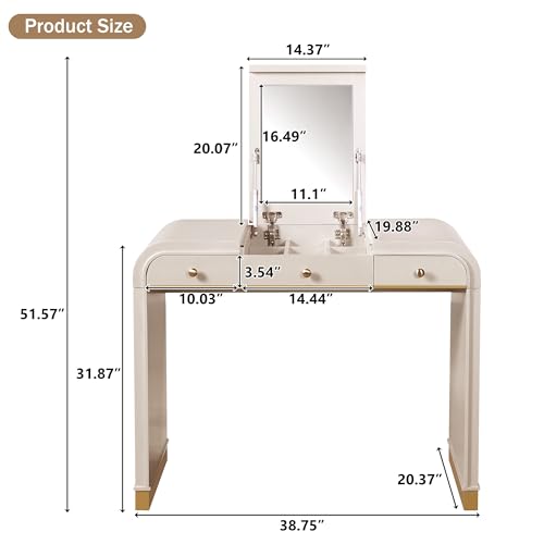 Image of JIVOIT Vintage Vanity Desk with Flip Mirror, Flip-Top Mirror with Hidden Storage, 3-in-1 Wood Dressing Table with 2 Drawers and Storage Space, Easy Assembly (Champagne,44)