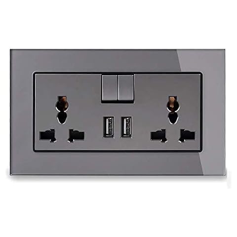 Grey Crystal Glass Panel Double Electric Switched Socket with Dual USB Charge Port 2 Gang 13A Output 2.1A Wall Switch Power Plug-s Sockets with 2 x USB Charger Ports Outlet Cover
