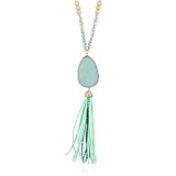 RIAH FASHION Bohemian Pendant Beaded Long Statement Necklace - Sparkly Crystal Bead Boho Teardrop, Natural Stone, Tassel Charm Wrap Lariat (Teardrop Stone & Tassel - Amazonite)