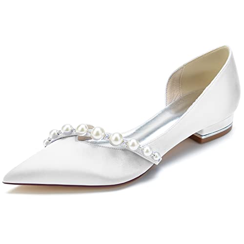 Pointed Toe Pearl Wedding Flats Comfortable Low Heels Slip On Champagne Wedding Shoes for Bride Satin Bridal Shoes Dress Pumps for Women