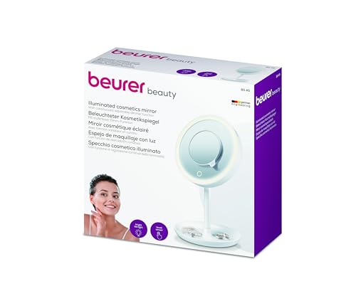Beurer-Illuminated-5X-Vanity-and-Cosmetics-Mirror-Touch-Sensor-Surface-Storage-Tray-with-Portable-Magnetic-Magnifying-Makeup-Mirror-White-LED-Light-and-Dimmer-Cordless-360-Rotation-BS45