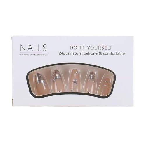 Image of Silver Press on Nails Medium Almond Fake Nails Nude Glossy False Nail with Design Shiny Rhinestone Glue on Nails Reusable Artificial Acrylic Full Cover Star Stick on Nail for Women Manicure 24Pcs
