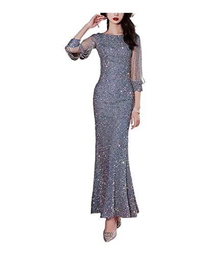 Vestido de festa longo de noite com gola redonda e babados de lantejoulas meia manga (Color : Haze B