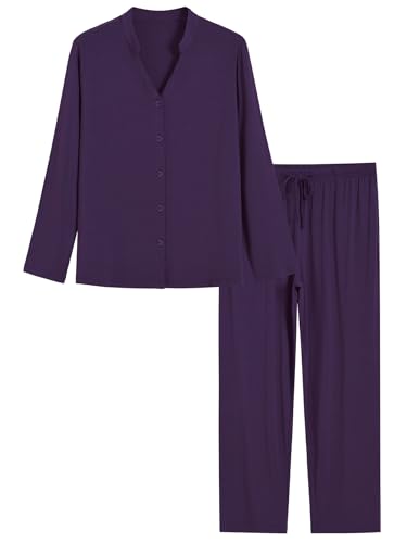 Latuza Women's Petite Viscose Button Up Pajamas Set Petite Size Long Sleeve PJs