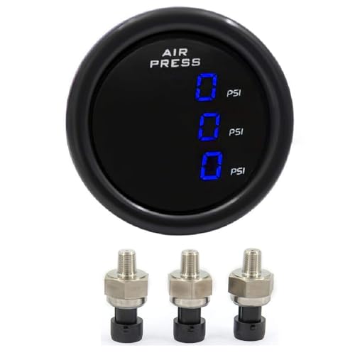 ZHSYMX LCD Three Pressure Air Pressure Gauge 290 PSI Air Pressure Gauge Kit-for Air Ride Suspension Systems -2Inch 0-290PSI with 3Pcs 1/8NPT Sensors and 16.5ft Sensor Cable LCD Blue