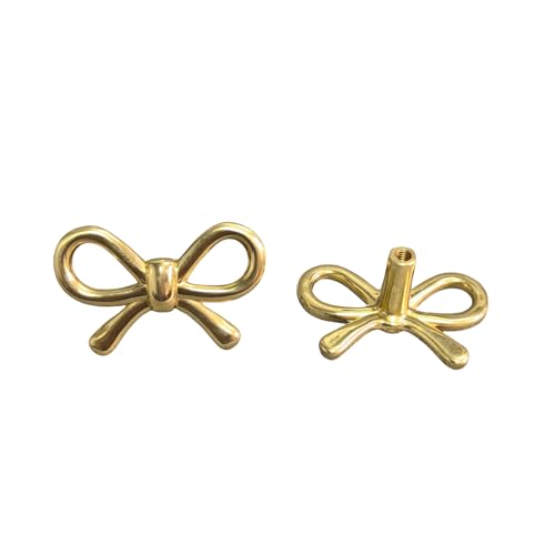 YEMCHI 2 Pack Solid Brass Bow Drawer Knobs, Gold Bow Knobs for Kitchen Cabinet Hardware, Vintage Vanity Dresser Pulls, Nursery Kids Bedroom Creative Tie Decorative Handles (Brass Bow)