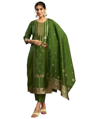 Image of SIRIL Women's Rayon Viscose Banarasi Jacquard Straight Kurta Pant with Dupatta Set