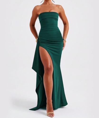 Image of SKAYS Women's Strapless Maxi Dress Elegant Tube Top Formal Ruched Bodycon Wedding Guest Cocktail Summer Dress with Slit