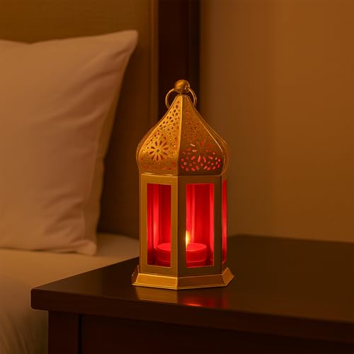 Image of MARKET 99 Metal Glass Royal Lantern | Golden Red Tealight Candle Holder | Decorative Home Decor Lamp | Festive Lighting for Diwali, Christmas, Wedding & Party Table Setup (Use LED T-Light Only)