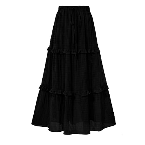 Women's Chiffon Casual Skirt, Drawstring Elastic Waist Flowy Swing Skirts Tiered Ruffle Smocked Fashion Clothes