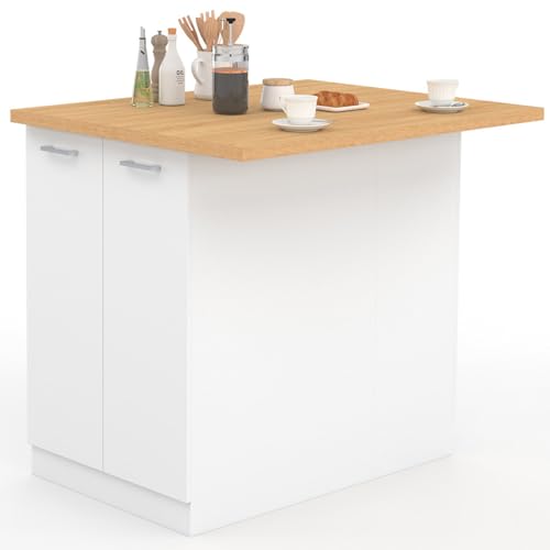 Idmarket - Ilot Central Ivo 100 Cm, Color Blanco Con Encimera De Haya