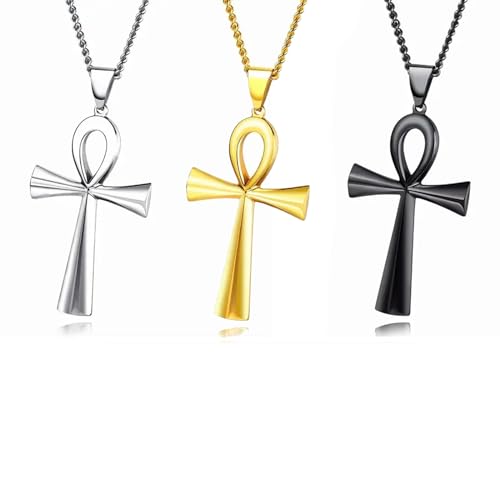 3 Pièces hommes en acier inoxydable copte Ankh croix pendentif religieux collier, mode clé égyptienne de vie Ankh croix collier bijoux unisexe, chaîne