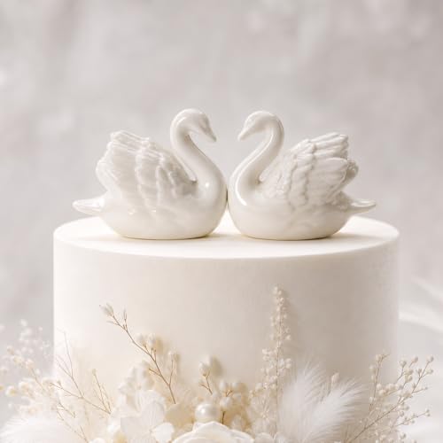 Sinbana 2pcs Ceramic Swan Cake Toppers White Elegant Swan Shaped Figurines Knick Knacks for Shelves Bookshelf Home Table Centerpiece Wedding Bridal Shower Party Cake Decor Supplies