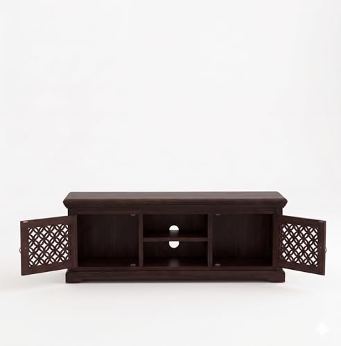 Image of Sheesham Wood Multipurpose Entertainment TV Unit Cabinet with Shelf Storage for Home Living Room Solid Wooden Furniture for Office Decor-Walnut