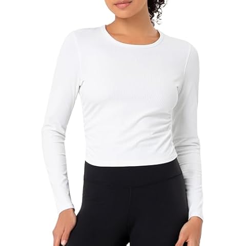 YUNOGA Women's Long Sleeve Workout Shirts Ribbed Compression Shirt Athletic Yoga Slim Fit Tops(S, White) Cover