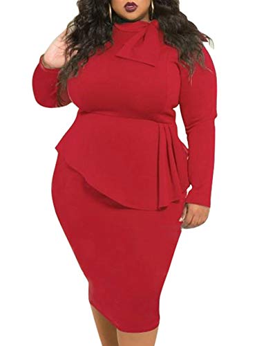SEMATOMALA Women’s Tie Bowknot Neck Long Sleeve Peplum Knee Length Party Office Business Bodycon Plus Size Dress