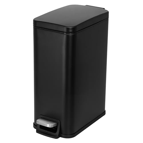 Moorefield Premium Stainless Steel Bathroom Wastebin, Rectangular Slim Design Trash Can, 1.6 Gallon Garbage Capacity, Step On Pedal, Slow Close Lid, Recessed Plastic Liner (Matte Black)