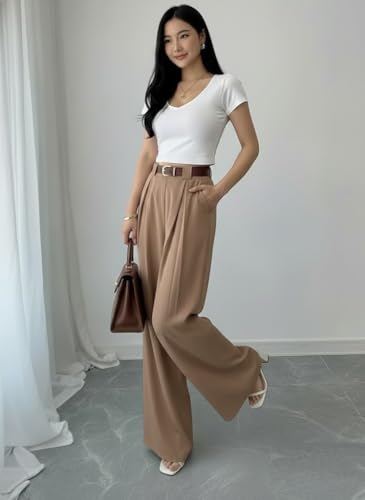 Image of SMOWKLY Women's Korean Style Loose Fit Wide Leg Trousers | Cotton Blend Pleated Palazzo Pants with Elastic Back Waist | High Waist Office & Casual Wear | Stretchable & Breathable