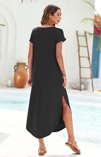 WNEEDU Womens Summer Dresses Casual Loose Short Sleeve Long T Shirt Dress Split Maxi Beach Sundress Travel Vacation Outfits4