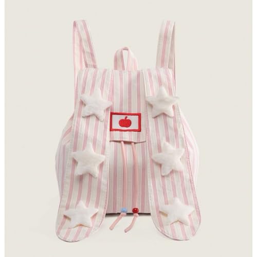 Y2K Cute Wind Rabbit Ears Backpack Female Student Backpack Striped Large Capacity Commuter Backpack (Pink,Small)2