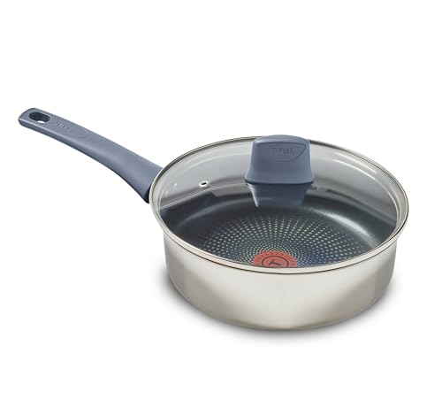 Image of T-fal Essentials Stainless Steel Saute Pan w /Non Stick Coating & Glass Lid, 3.5 Quart, All Cooktops Including Induction, Oven Safe 350F, Heat Indicator, Measuring Marks, Dishwasher Safe, Silver /Blue