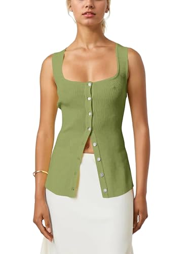 Image of Women Square Neck Button Down Knit Tank Top Button-Up U Neck Sleeveless Backless Solid Slim Sexy Sweater Vest Tops Green