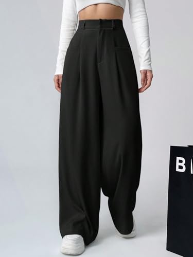 Image of Shasmi Women's Loose Mid Rise Solid, Pleated Trousers, Wide Leg Pocket Casual Long Korean Trousers Pant (146)