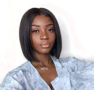ORIGINAL QUEEN Human Hair Wigs Short Straight Bob Wigs 13x4 Lace Front Wigs Human Hair Wigs for Black Women 130% Density Pre Plucked with Baby Hair Knots Bleached Natural Black Color 8 Inch
