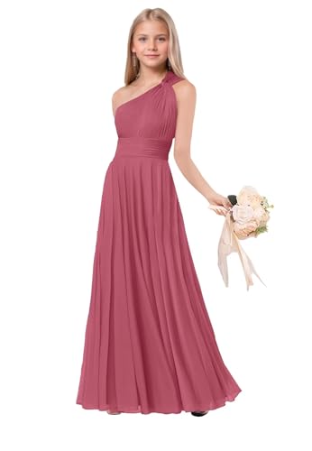 JISISANG One Sholder Junior Bridesmaid Dresses for Teen Girls Chiffon Flower Girl Dress for Wedding Guest Formal Girls Dress