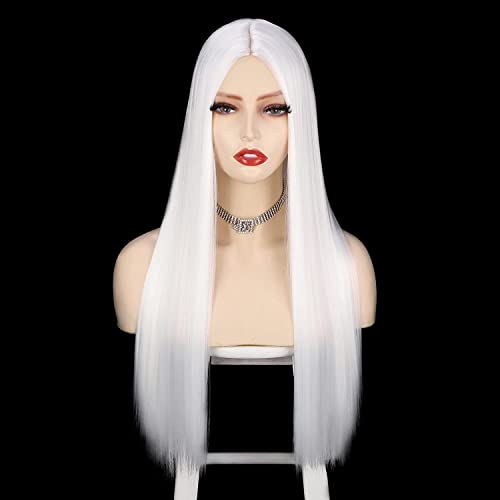 ENTRANCED STYLES White Wigs for Women , Straight Wig Middle Part Long Hair Wig Synthetic Colored Wig Cosplay Halloween Costume Party Use 26 Inch