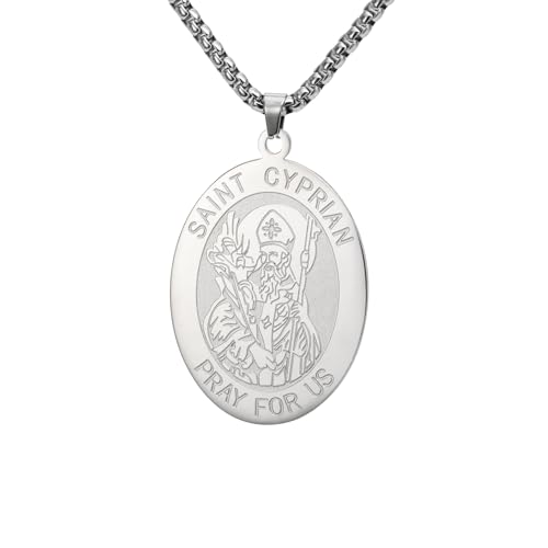 Amaxer Collar de San Cipriano, medalla de santos, amuleto de protección religiosa, de acero inoxidable, caja con colgante, collar de canina para mujeres y hombres (plata)