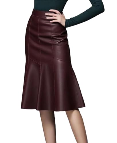Women High Waist Genuine Leather Midi Skirt Fashion Patchwork Fishtail Wrap Long Pleated Skirt