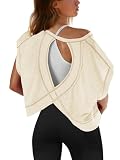 SENSERISE Womens Open Back Workout Tops Backless Short Sleeve Athletic Shirt Running Crop Top Gym Yoga Tee(Beige,M)